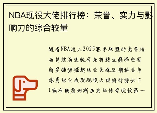 NBA现役大佬排行榜：荣誉、实力与影响力的综合较量