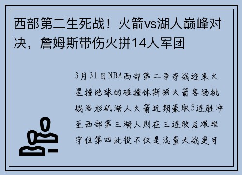 西部第二生死战！火箭vs湖人巅峰对决，詹姆斯带伤火拼14人军团